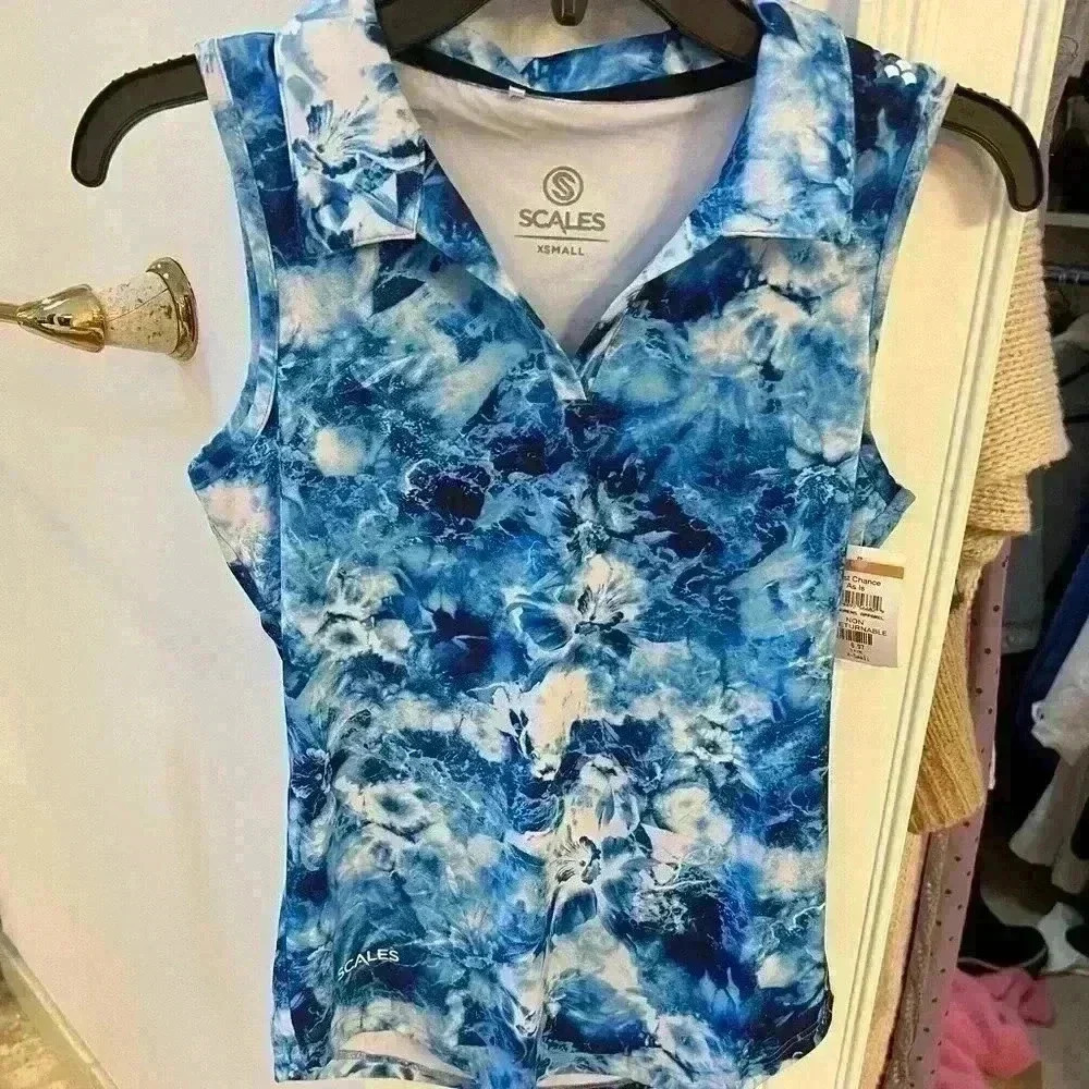 NEW SCALES Coral Reef Sleeveless Polo Shirt White/Blue